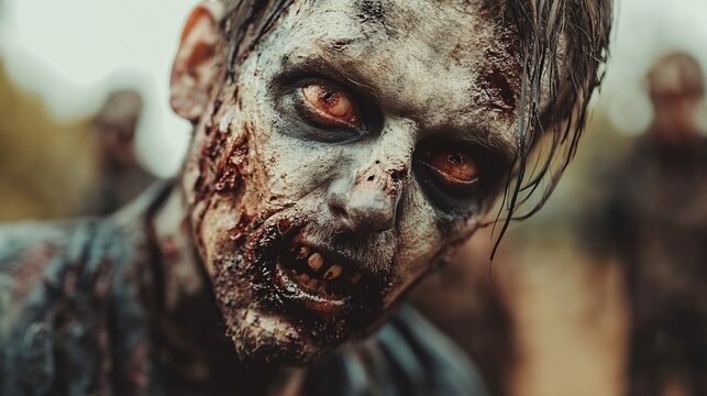 Scary zombie man with wounded face approaching to attack