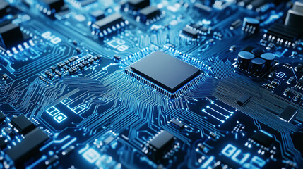 Abstract blue circuit board background with glowing elements, a technology and computer concept. Vector illustration design. Copy space, high quality, black background