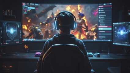 Gamer in Room with Game Setup, Illuminated by Gaming Monitor Glow and LED Headset, Featuring Intense Fantasy MMORPG Screen, Generative AI