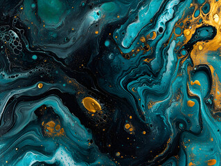 Dynamic abstract fluid art with swirling green and gold paint, creating a mesmerizing contrast of colors and movement in a modern artistic composition  
