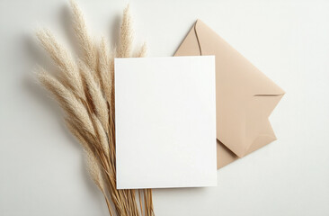 Blank greeting card mockup with beige envelopes, pampas grass on white surface. Minimalist design for branding advertising. Modern template for invitations messages. Versatile mock-up for various