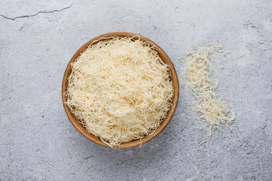 Homemade uncooked kataifi or kadaifi dough.