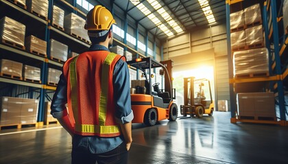A logistics worker monitors cargo operations in a busy warehouse environment.