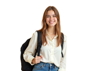 Beautiful smiling student with backpack, isolated on transparent background