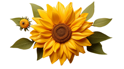 Yellow Sunflower Blossom Vibrant Floral Design, Green Leaves for Nature Themes, isolated on transparent background.