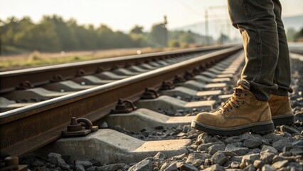 Close-up of sturdy hiking boots with a sense of adventure, standing beside rugged railway tracks in natural surroundings