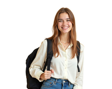 Beautiful smiling student with backpack, isolated on transparent background