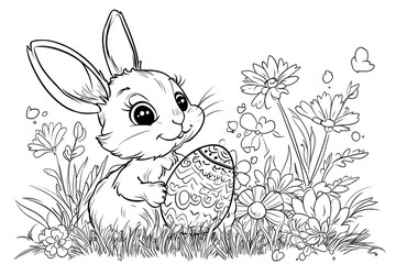 Fun Easter-themed coloring page featuring eggs, bunnies, and spring flowers, perfect for creative and festive activities.

