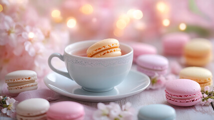 Delicate macarons arranged with a vintage cup at a cozy setting with soft lighting