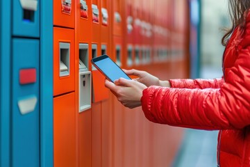 Person retrieving item from smart locker system in a vibrant setting. Generative AI