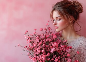 Fototapeta premium Hands Holding a Bouquet of Pink Blossoms Against Soft Pink