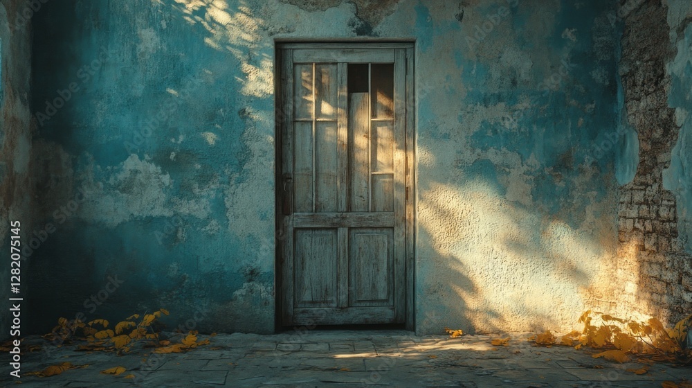 Poster sunlight streams through an open door, casting delicate shadows on a rustic, weathered wall. the roo