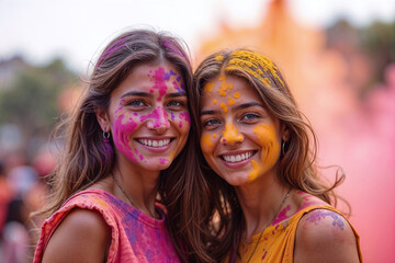 Fototapeta premium Two women celebrate Holi with vibrant colors