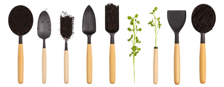 Gardening Tools with Soil and Plants on transparent background