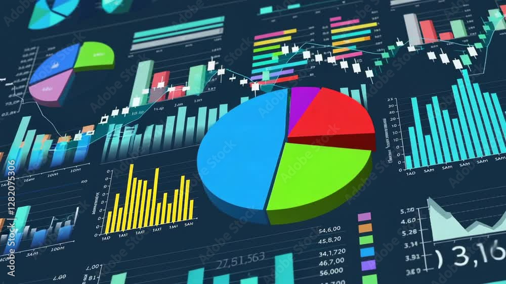 Leinwandbilder Financial data visualization revealing dynamic business performance through colorful pie charts and bar graphs, displaying numerical growth with smooth slow motion animation