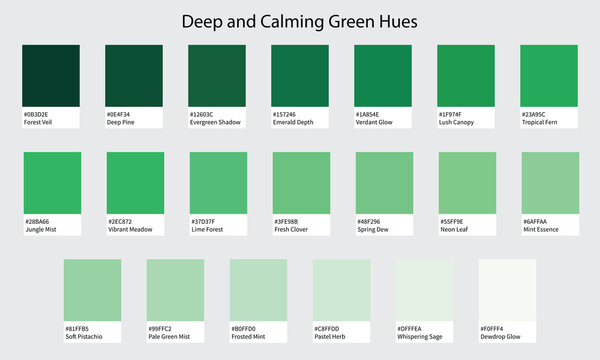 Color Palette 20 Shades of Green - Deep, Dramatic to Soft, Glowing Hues with HEX Codes and Names, Colour Swatches and Combinations - Powered by Adobe