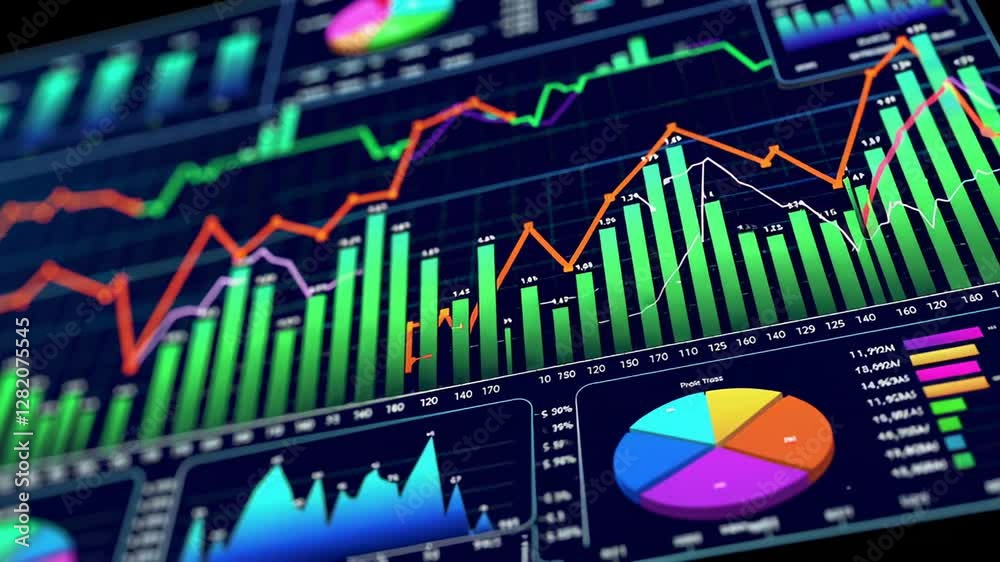Aufkleber Financial data analysis dashboard revealing growth trends through colorful, dynamic charts and graphs, visualizing performance evolution in slow motion progression