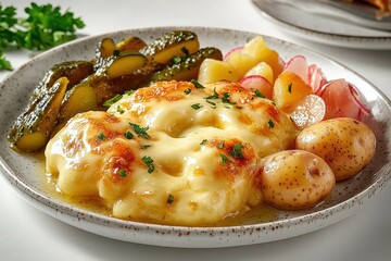 A close-up of delicious raclette cheese dish with potatoes, pickles, and radish, perfectly plated, showcasing culinary skills and inviting food photography.