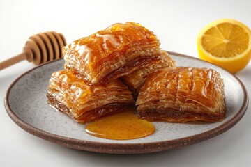 A tempting stack of baklava pastries drizzled with honey and served with fresh lemon, showcasing the rich flavors and textures of this traditional dessert, perfect for sharing.
