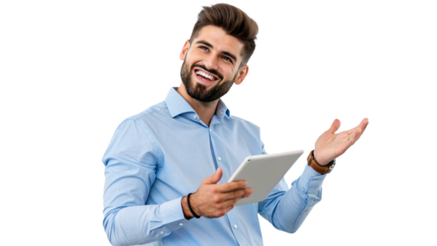 Young handsome man holding tablet, smiling nicely, isolated on transparent background , PNG