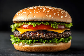 Delicious burger with sesame bun, beef patty, cheese, tomato, and lettuce. A classic comfort food, great for a quick meal or a satisfying treat.