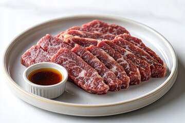 Obraz premium A tempting arrangement of raw Wagyu beef slices with rich marbling, accompanied by a dipping sauce, ready for grilling, presented on a stylish plate on a white surface.