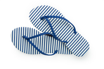 Striped blue flip-flops on isolated on white, top view