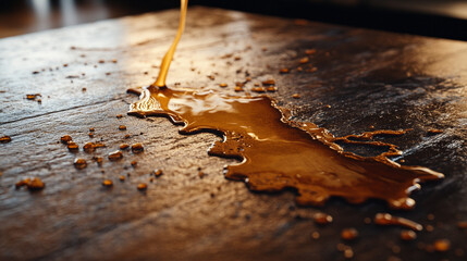 Dark liquid flowing over a wooden surface creates an artistic form of texture