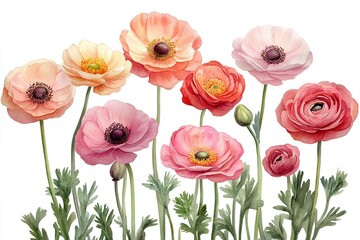 Obraz premium Hand-painted watercolor illustration set featuring ranunculus flowers, elegantly displayed on a white background.