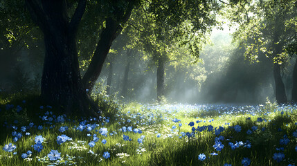 A meadow filled with bright spring gentian flowers, their blue petals adding a vibrant contrast to the green grass