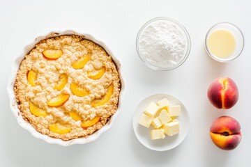 Delicious peach cobbler ingredients arranged artfully on a pristine kitchen countertop