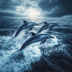 Fototapeta premium Majestic dolphins leaping in ocean sunset
