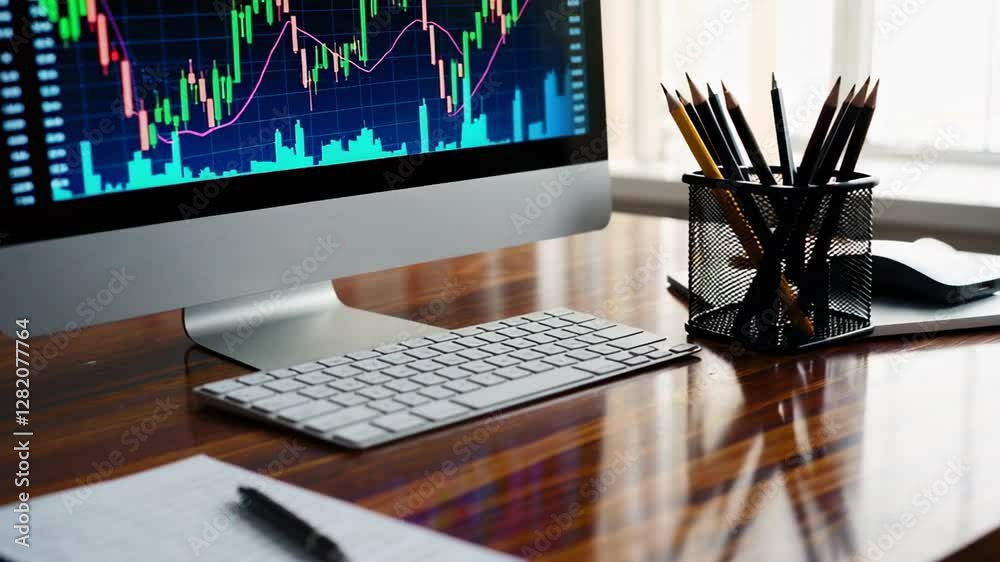 Poster financial data analysis showing stock market trends and investment performance on a computer screen,