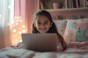 Naklejka premium A smiling girl uses a laptop in her cozy bedroom, enjoying online activities.