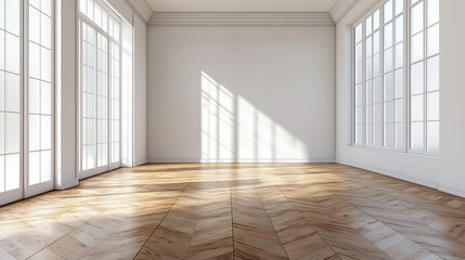 Obraz premium Vintage Modern Living Room Featuring Oak Wood Flooring and Soft White Walls, Showcasing a Minimalist Aesthetic with Subtle Design Elements, Ideal for a Contemporary and Serene Home Interior