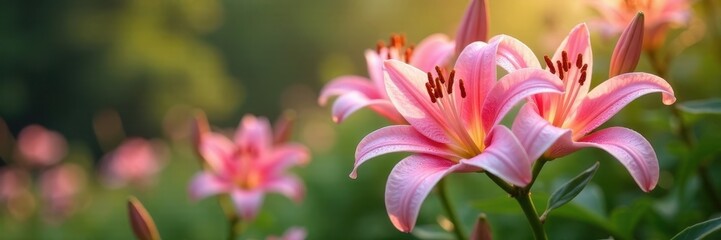 Fototapeta premium Pink lily flowers blooming in the morning dew, floral, blossoms