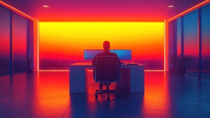 Solitary Modern Workspace with Digital Desk and Sunset View