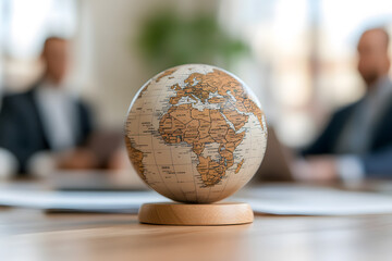 Desk Globe: Miniature world on a wood stand, with people blurred in background. Great for travel inspiration, global business, or geographic education.