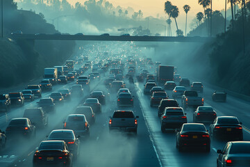 Heavy traffic congestion on major highway during early evening hours contributing to air pollution and visible smoke in urban area with palm trees