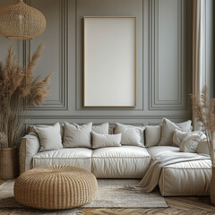 Mockup poster frame on the wall n the living room, art picture, for interior design or real estate decoration luxurious apartment, background.
