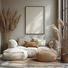 Mockup poster frame on the wall n the living room, art picture, for interior design or real estate decoration luxurious apartment, background.