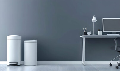 Modern workspace with white bins, simple design, minimal aesthetic, home office