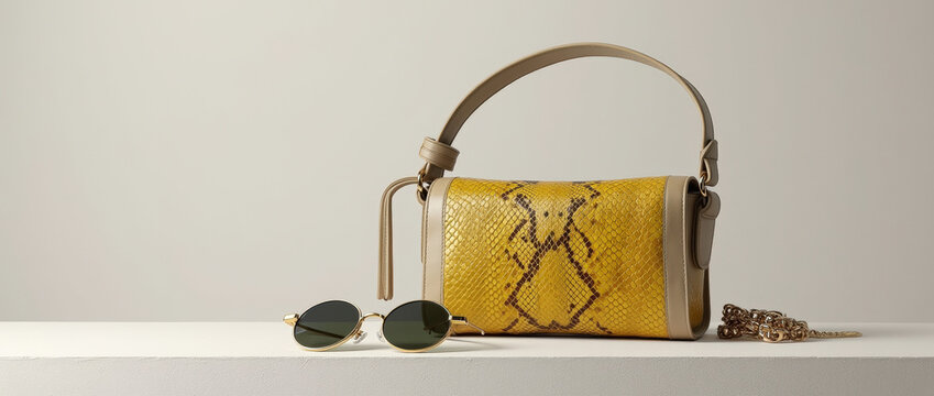 Stylish Yellow Python Skin Handbag With Round Sunglasses