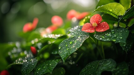 A breathtaking morning scene where dewdrops adorn lush flora, reflecting the first sun rays and creating a dazzling display of nature's beauty.

