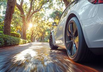 Sunlight filters through trees as a sports car drives along a peaceful street in the early morning