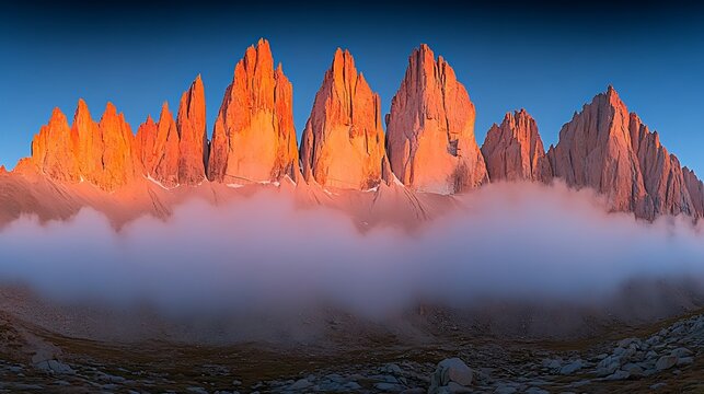 A serene mountain scene with misty fog rolling over the slopes, and clouds gently drifting in the sky above.