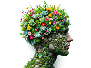 "Eco-Art Human Head Sculpture – Vibrant Flowers and Lush Plants Forming a Stone Body"
