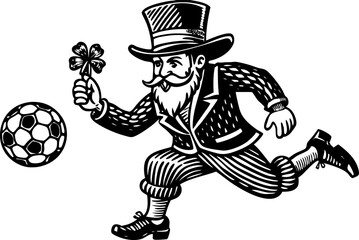 leprechaun kicking a soccer ball, holding a pot of gold, with shamrocks in the background sketch engraving vector