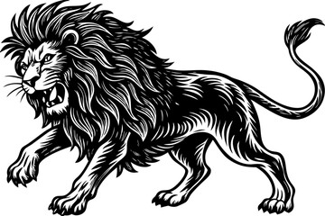 lion in a powerful pouncing position, with a flowing mane, drawn in an engraving style sketch engraving vector