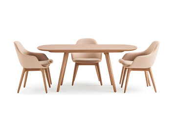 Fototapeta premium Minimalist dining set features a light wood table paired with four comfortable beige chairs, creating a warm and inviting space for meals and gatherings.